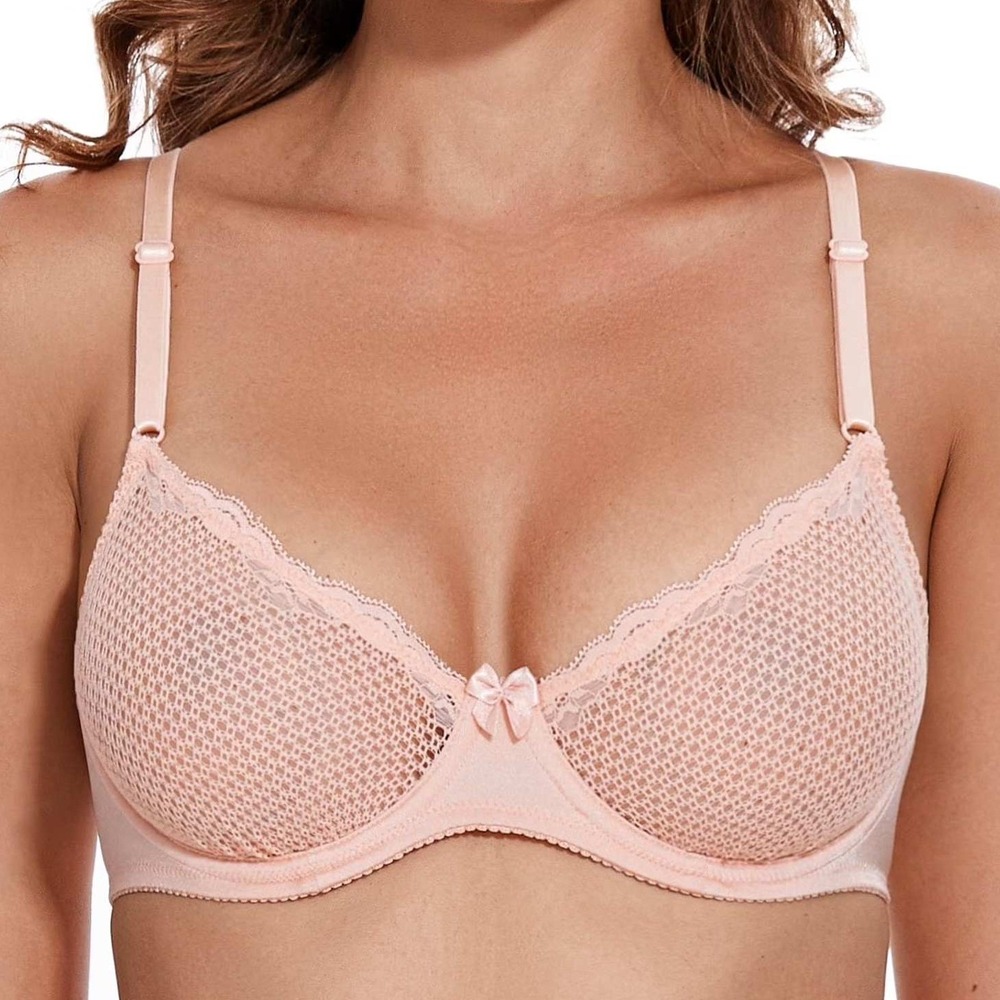 Wingslove 32D Bra Balconette Peach Geometric Lace Mesh Underwire Bow Detail